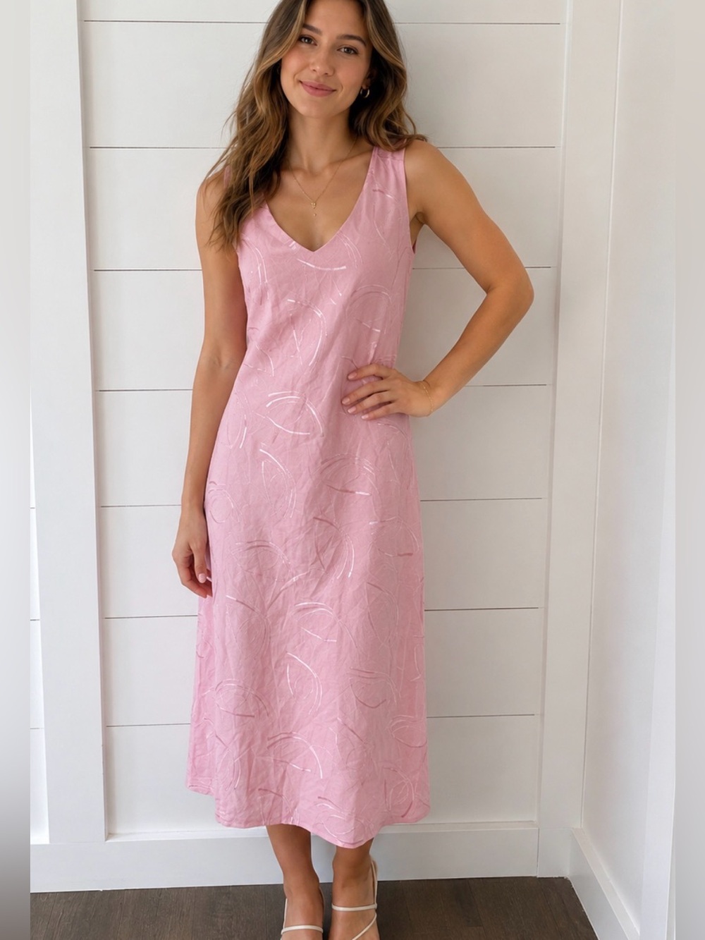 Y2K linen Sherri Martin soft pink embroidered classic coastal Vintage midi dress